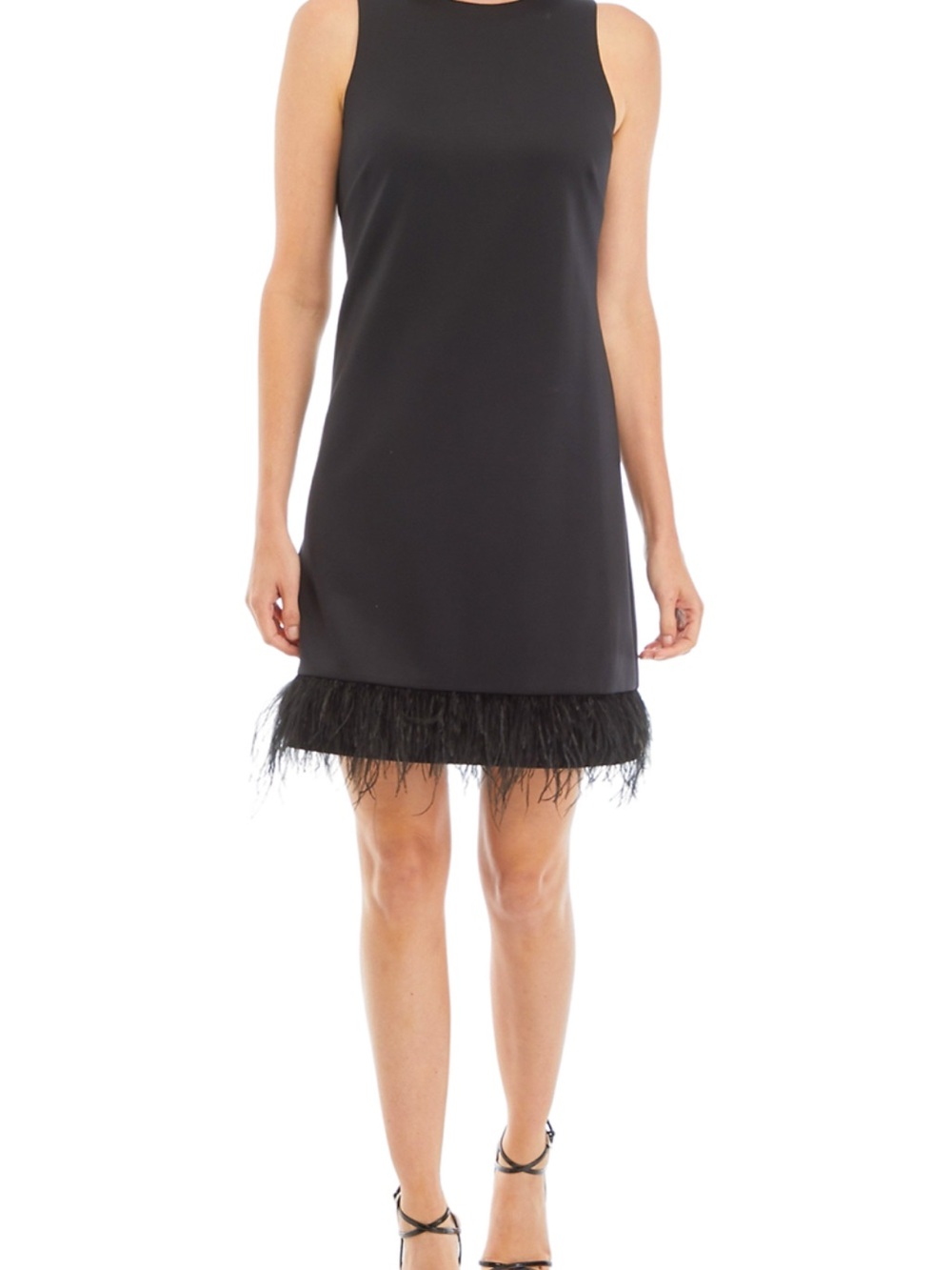 Taylor Black Sleeveless Shift Dress with Feather Trim